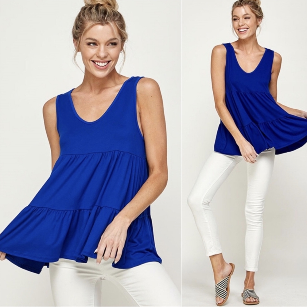Stunning Royal Blue Buttery Soft Babydoll Style Teared Ruffle Tank Top - Picture 4 of 4